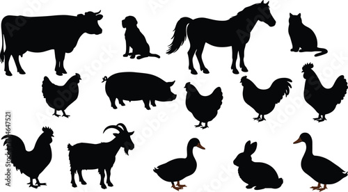Farm animals silhouette vector illustration set including cow, horse, goat, pig, chickens, rooster, duck, rabbit, cat, dog for design decoration