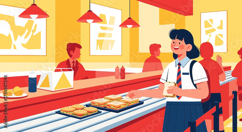 A student selects a sandwich in a school cafeteria in a stylized cartoon illustration featuring