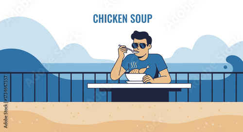 A vector illustration of a man enjoying chicken soup at a seaside restaurant with blue aesthetic