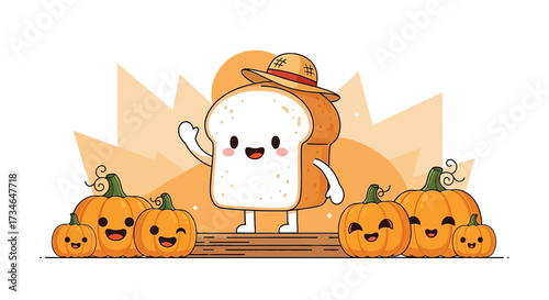 Adorable bread slice character with pumpkins for a cute autumn harvest season illustration
