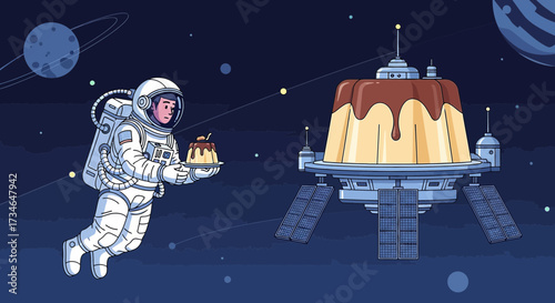 Astronaut floating in space delivering a dessert to a space station shaped like a flan
