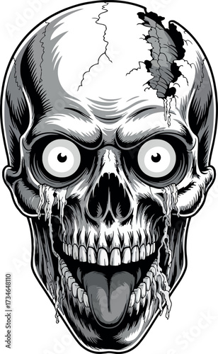 This is a detailed, black and white illustration of a skull with exaggerated, wide-open eyes and a gaping mouth with a protruding tongue.
