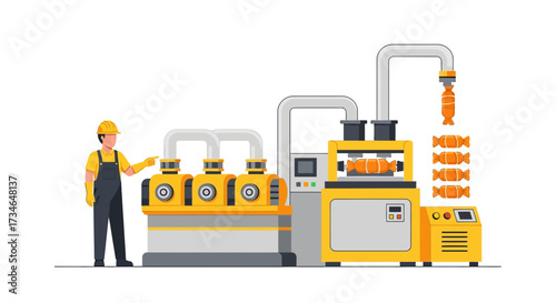 Candy production line with factory worker wearing safety gear and candy making machine, automation
