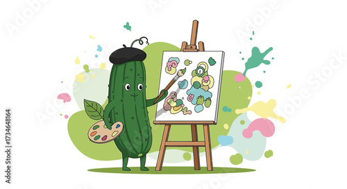 Captivating Cucumber Artist: A whimsical illustration of a cucumber painting with vibrant colors,