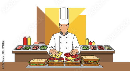 Cartoon chef preparing sandwiches with fresh ingredients on counter display station
