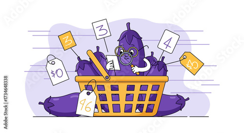 Cartoon eggplant character comparing prices in a shopping basket illustration