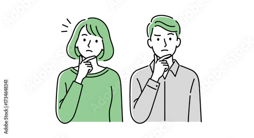 Thoughtful man and woman illustration, pondering a complex issue with furrowed brows, representing deep consideration, doubt, and the process of decision-making