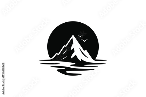 Stylized mountain peak reflected in water under a dark sky