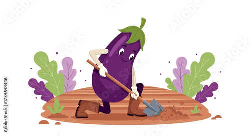 Cartoon eggplant digging soil with a shovel in garden illustration concept work agriculture farm