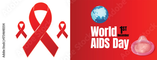 Horizontal AIDS Awareness Day Promotion Banner Template, Social Media Cover with Red Ribbon, Editable Campaign Charity Advertisement Marketing Design Vector Illustration Background