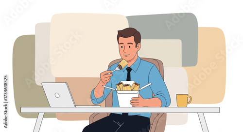 Cartoon illustration of a businessman having lunch at his desk during work hours