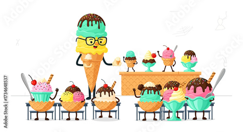 Cartoon ice cream characters having a party at an ice cream parlor illustration