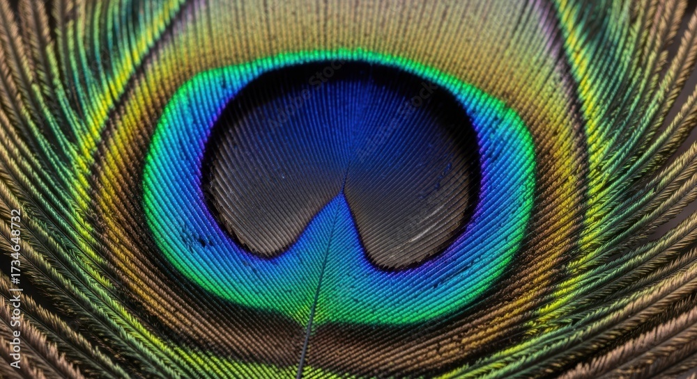 Naklejka premium Intricate close-up macro view of a peacock feather eye detailed colors and textures of nature