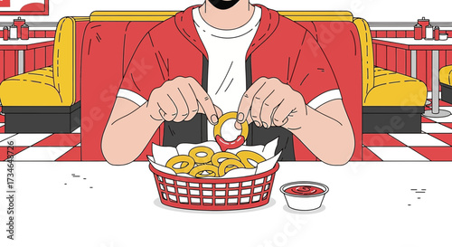 Cartoon illustration of a person enjoying onion rings at a retro diner setting with red and yellow