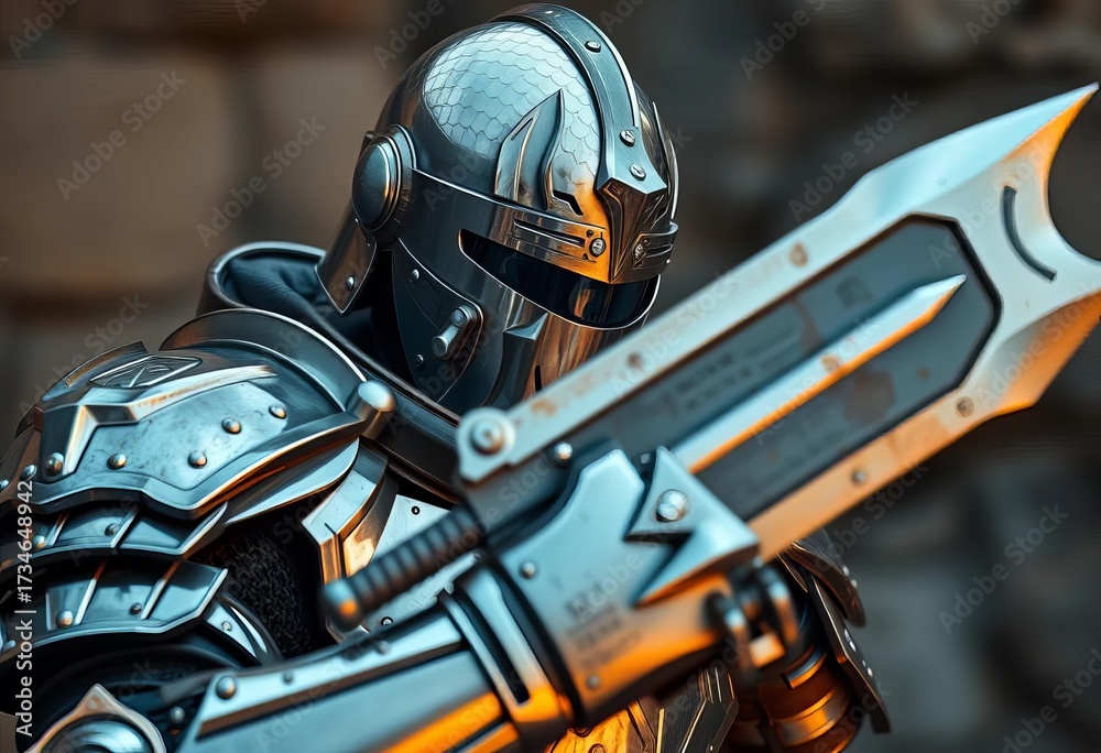 Fototapeta premium Steel armor gleams, weapon held at the ready, poised for conflict, attack, defense