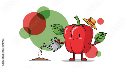 Cartoon red bell pepper character gardening with a watering can and wearing a hat