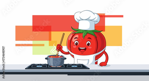 Cartoon tomato chef cooking a delicious sauce on the stove with colorful backdrop illustration