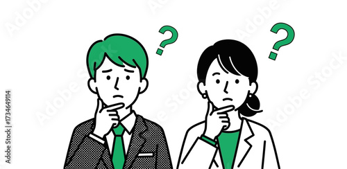 Thoughtful business man and woman contemplating a complex problem, expressing uncertainty and confusion with symbolic question marks above their heads, seeking solutions