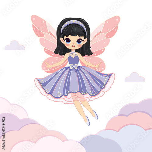 Cute fairy girl flies in the sky with wings and a magic wand flies in the sky on white background. Poster, Banner, Flyer, Greeting Card. Vector illustration in flat cartoon style