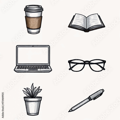 Collection of office and study supplies including a laptop, book, coffee cup, plant, glasses, and pen