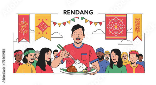 Celebrating Indonesian Cuisine: Rendang Dish Presentation with Smiling People and Festive