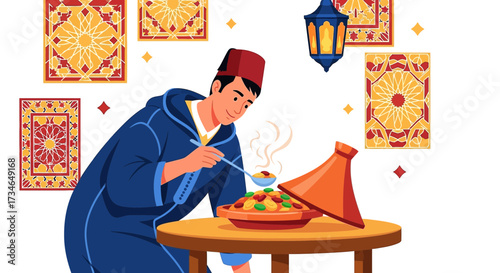 Celebrating Moroccan Culinary Tradition: A man preparing tagine with lantern and geometric art