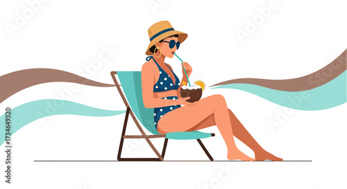 Charming woman in a swimsuit relishing a refreshing coconut drink on beach recliner artwork