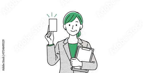 Business professional presenting a blank card, symbolizing decision-making, policy enforcement, or a clear evaluation, while holding a clipboard, representing a structured review process