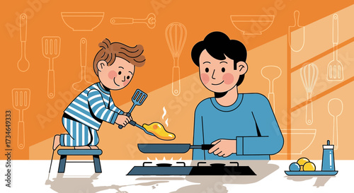Charming illustration showcasing a father and son cooking together in a homely kitchen scene