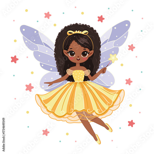 Cute African American fairy girl flies in the sky with wings and a magic wand on white background. Poster, Banner, Flyer, Greeting Card. Vector illustration in flat cartoon style