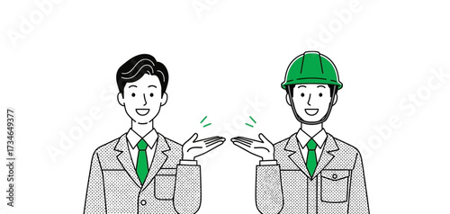 Two professional men, one in business attire and one in a hard hat, collaborating and presenting solutions, symbolizing diverse industry partnership and service