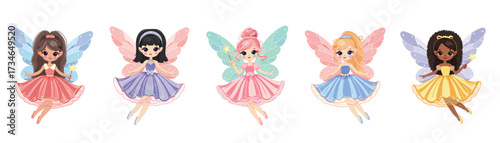 Set of cute different multicultural fairy girls with wings and a magic wand on white background. Poster, Banner, Flyer, Greeting Card. Vector illustration in flat cartoon style