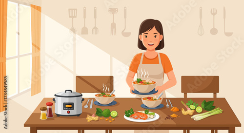 Cheerful woman preparing authentic thai tom yum soup in a bright kitchen scene