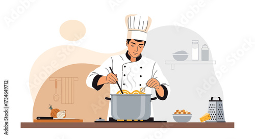 Chef preparing pasta in a kitchen illustration displaying culinary expertise and healthy cooking