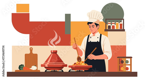 Chef skillfully prepares a traditional tagine dish with geometric shapes and vibrant colors