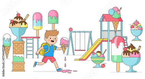 Colorful Cartoon Illustration of a Boy with Ice Cream at an Ice Cream Themed Playground