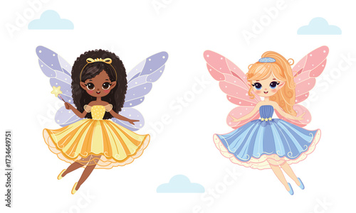 Cute different multicultural fairy girls flies in the sky with wings and a magic wand on white background. Poster, Banner, Flyer, Greeting Card. Vector illustration in flat cartoon style