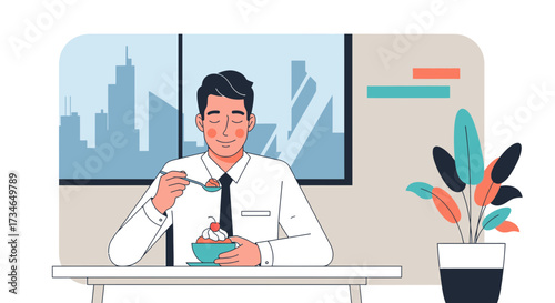Content businessman in office enjoying a dessert break with city skyline view and modern decor