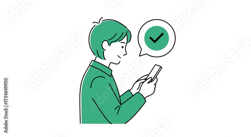 Illustration of a person checking their mobile phone, receiving a successful confirmation message with a green checkmark, symbolizing verified digital interaction or task completion