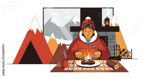 Cozy mountain retreat illustration featuring a skier enjoying a hearty meal after a day on the