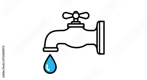 Dripping water tap icon with a single blue water drop, symbolizing water conservation, waste prevention, and plumbing issues. A clear vector graphic