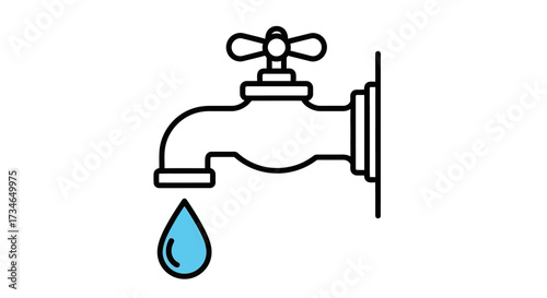 Minimalist graphic depicting a water tap with a single blue drop, symbolizing the vital need for water conservation, resource management, and global environmental sustainability