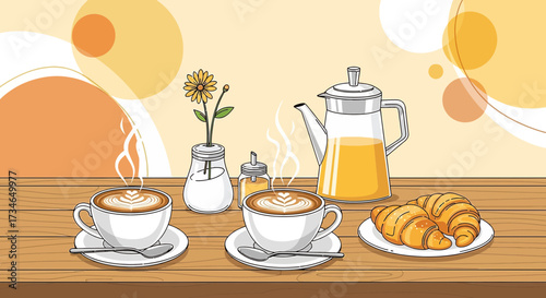 Cozy morning breakfast scene with coffee, croissants, and orange juice illustration