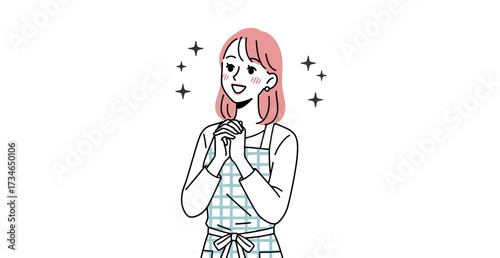 A joyful young woman with pink hair, wearing a checkered apron, looks upward with a hopeful and optimistic expression, hands clasped, embodying positivity and readiness for success