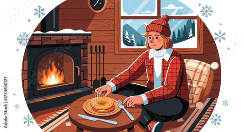 Cozy Winter Scene: Woman Enjoying a Meal by the Fireplace in a Rustic Cabin With Snowy Mountains