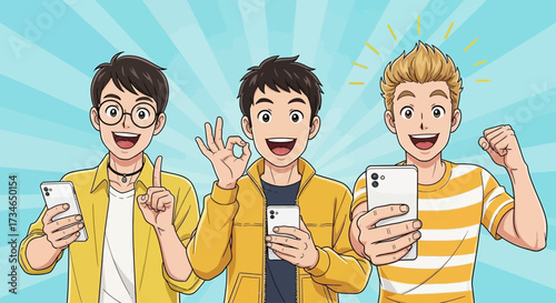 Vibrant illustration of three cheerful young men actively using their smartphones, embodying contemporary digital connection, content sharing, and the positive energy of online communication