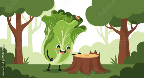 Cute Cartoon Bok Choy Character Standing Next to a Tree Stump in a Forest Setting