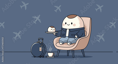 Cute cartoon character in airport lounge waiting for flight with luggage and refreshment character