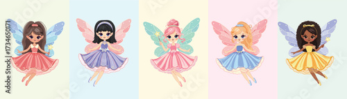 Set of cute different multicultural fairy girls with wings and a magic wand on color background. Poster, Banner, Flyer, Greeting Card. Vector illustration in flat cartoon style