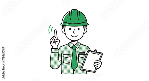 Professional construction worker in green hard hat pointing upwards, offering a new concept or instruction for a project, holding a clipboard with important notes
